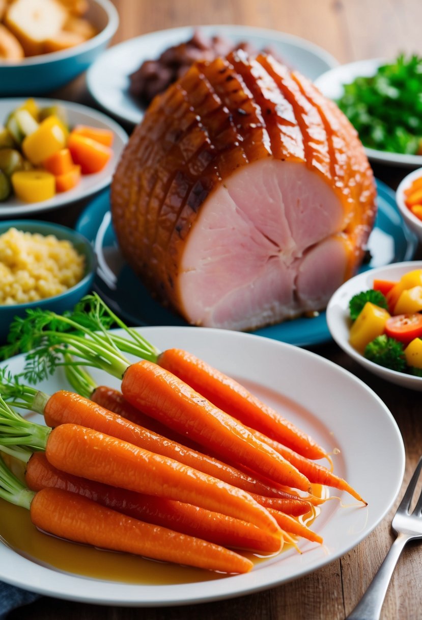 A plate of honey-glazed carrots sits next to a succulent ham, surrounded by a variety of colorful side dishes